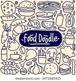 Hand drawn set of fast food doodles.