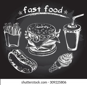 Hand drawn set of fast food - hot dog, french fries, hamburger, drink in a cardboard cup with a straw, cone with ice cream. Vector Illustration. Poster on a blackboard.