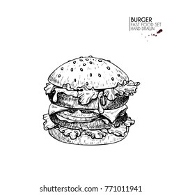 Hand drawn set of fast food. Burger with beef, cheese, tomato and salad. Vintage engraved vector illustration. Isolated on white. For restaurant, menu, street food, bakery, cafe, logo, flyer,