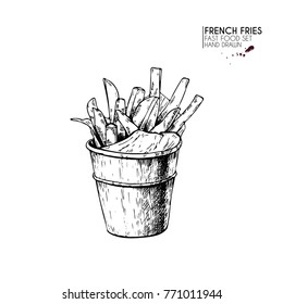 Hand drawn set of fast food. Bucket of french fries potato. Vintage engraved vector illustration. Isolated on white. For restaurant, menu, street food, bakery, cafe, logo, flyer, banner