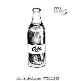 Hand Drawn Set Of Fast Food.Bottle Of Cold Carbonated Cola Soda Drink . Vintage Engraved Vector Illustration. Isolated On White. For Restaurant, Menu, Street Food, Bakery, Cafe, Logo, Flyer, Banner