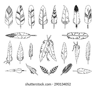 Hand drawn set of feathers isolated on white background. Vector tribal, ethnic, aztec, hipster style