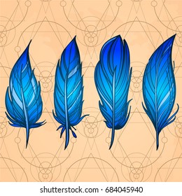 Hand drawn set of feathers on the background of old paper. Boho or ethnic style. Collection of design elements. Vector illustration