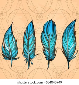 Hand drawn set of feathers on beige vintage background. Boho or ethnic style. Collection of design elements. Vector illustration.