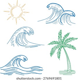 Hand drawn set featuring tropical summer motifs like a golden sun detailed ocean waves and a green palm tree provides an artistic collection perfect for refreshing vacation themed designs or coastal branding projects that require a lighthearted touch of summer time fun.