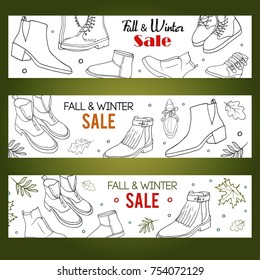Hand drawn  set of female shoes. Horizontal sale banner for Shoe Shop 