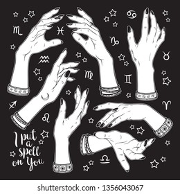 Hand drawn set of female witches hands in different poses. Flash tattoo, sticker, patch or print design vector illustration