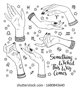 Hand drawn set of female witches hands in different poses. Flash tattoo, sticker, patch or print design vector illustration. Enscription is quote from Shakespeares Macbeth