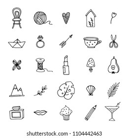 Hand Drawn Set Of Feminine Doodle Line Icons. Lifestyle, Floral, Food And Drink Sketch Symbols. Isolated Vector Objects.