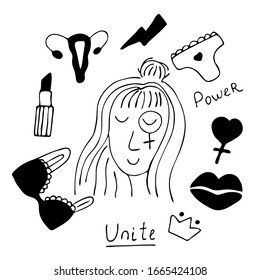 Hand drawn set of feminism. Doodle. Woman face with elements for poster, card, banner design. International Womens Day. 