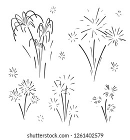 Hand drawn set of fireworks. Curly swishes, swashes, swoops. Doodle swirl. Isolated vector illustration on white background.