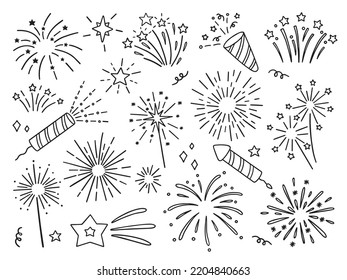 Hand drawn set of fireworks doodle. Fireckrackers in sketch style. Vector illustration isolated on white background