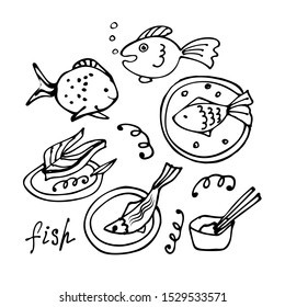 Hand drawn set of fish icons, on a plate seafood food, Chinese sticks in graphic style, the inscription on a white background, isolated for use in design, doodle illustration, cuisine, menu