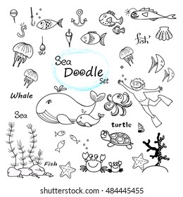 Hand drawn set with fish, shell, crab, whale. Vector doodles for colouring.