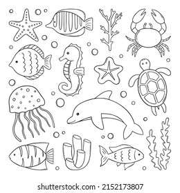 Hand drawn set of Fish and wild marine animals doodle. Sea life: turtle, dolphin, crab, starfish, corals and seaweed in sketch style. Vector illustration isolated on white background.