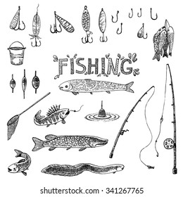 Hand drawn set of fishing. Vector illustration. 