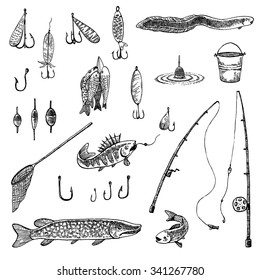 Hand drawn set of fishing. Vector illustration. 