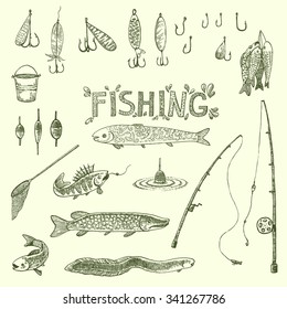 Hand drawn set of fishing. Vector illustration. 