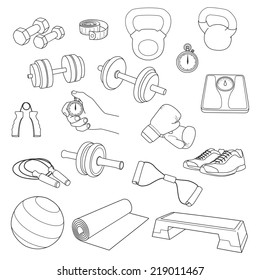 Hand drawn set of fitness accessories. Dumbbells, exercise ball, jump rope, stopwatch, the stopwatch hand, expander, yoga-mat, step platform, sneakers, boxing gloves, scales, tape measure. Vector.