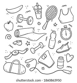 Hand drawn set of fitness, gym equipments, activity lifestyle concept. Doodle sketch style. Sport element drawn by digital brush-pen. Illustration for icon, frame, background.