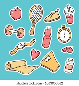 Hand drawn set of fitness, gym equipments, activity lifestyle stickers. Doodle sketch style. Sport element drawn by digital brush-pen. Illustration for icon, sticker design.