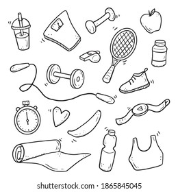 Hand Drawn Set Of Fitness, Gym Equipments, Activity Lifestyle Concept. Doodle Sketch Style. Sport Element Drawn By Digital Brush-pen. Illustration For Icon, Frame, Background.