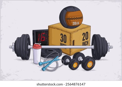 Hand drawn set of fitness tools, jump box, dumbbells, timer, jump rope, med ball, bottle of water