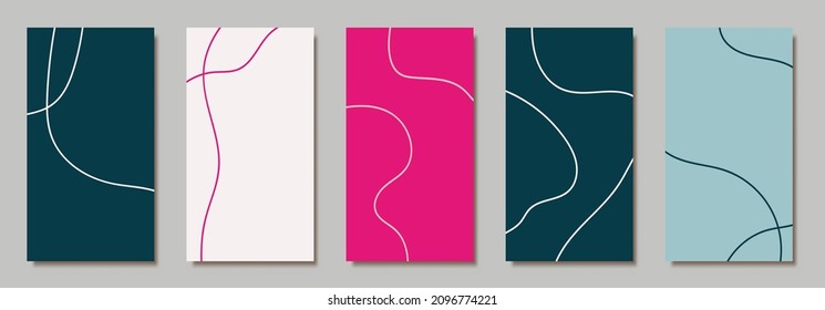 Handgezeichnete, fünfstöckige Vorlagen mit abstrakten Linienformen in Creme, Beige, Grün und Braun. Trendy minimalistische Stil Flyer, Karte, soziale Medien, Post Design.
