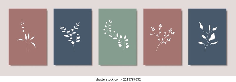 Hand drawn set of five stories templates with abstract line art shapes in green, blue and brown. Trendy minimalist style flyer, card, social media, post design.