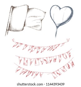 Hand drawn set of flags and a balloon for decoration of the composition.  Engraving art. Flag garland, decoration for banner and advertising by cross hatching, contour hatching pen ink sketch drawin