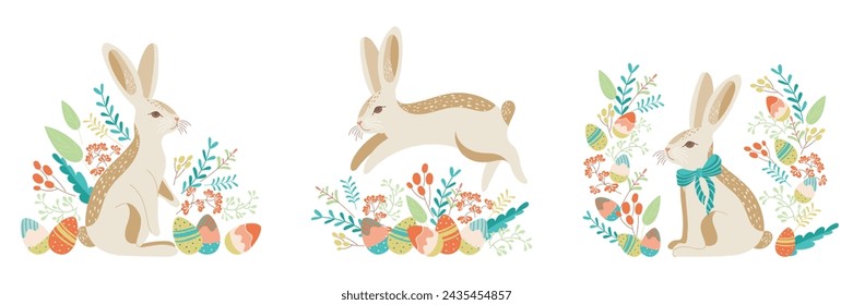 Hand drawn set flat easter mini composition. Collection Happy easter bunnies, eggs, plants and flowers in pastel colors. Trendy design for typography. Vector isolated on white background.