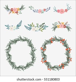 Hand drawn set of floral bouquets and wreath with olive leaves, roses, peonies and other flowers. Isolated vector objects, illustrations