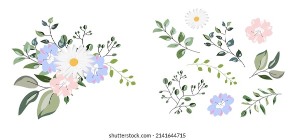 Hand drawn. Set of floral branch. Botanic  Design for banner, wedding, poster, invitation, cover, placard, brochure, header.