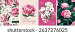 Hand drawn set of floral designs. Vectorized hand drawn gouache illustrations. high quality illustrations of peonies, flowers and leaves for poster, prints, menu, card or cover