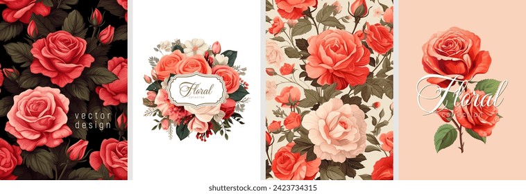 Conjunto de diseños florales dibujados a mano. Ilustraciones digitales vectorizadas. Ilustraciones de alta calidad de rosas, flores y hojas para afiches, impresiones, menú, tarjeta o cubierta