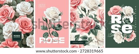 Hand drawn set of floral designs. Vectorized hand drawn gouache illustrations. High quality illustrations of roses, flowers and leaves for poster, prints, menu, card or cover