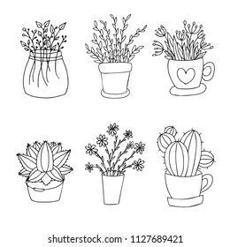 Hand drawn set of Floral Doodle Elements. Vintage set of cacti and flowers.