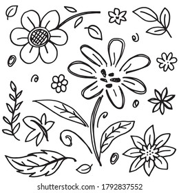 Elementos florales dibujados a mano en estilo dibujado a mano para el diseño conceptual. Ilustración del vector Doodle