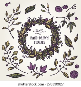 Hand drawn set of floral elements and wreath. Beautiful branches, flowers and leafs for your design