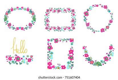 Hand drawn set floral frame, flowers vector illustration