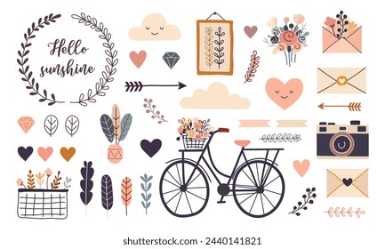 Conjunto dibujado a mano de objetos florales aislados sobre fondo blanco. Estilo plano. Ilustración de vector