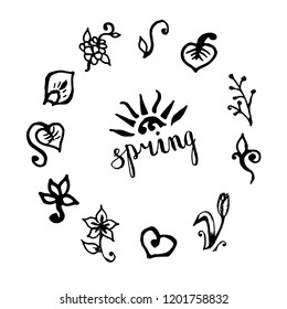 Hand drawn set of floral and plant decorative elements: flower, leaf, grass. Simple doodle sketch style design. Vector illustration for spring, summer themes. All floral elements drawn by brush-pen. 