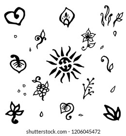 Hand drawn set of floral and plant decorative elements: flower, leaf, grass. Simple doodle sketch style design. Vector illustration for spring, summer themes. All floral elements drawn by brush-pen. 