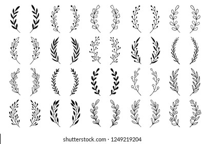 Hand drawn set of floral, plant elements: leaf, branch, vine, flower. Cut isolated vector illustration for your frame, border, ornament design. Doodle sketch style. Floral elements drawn by brush-pen