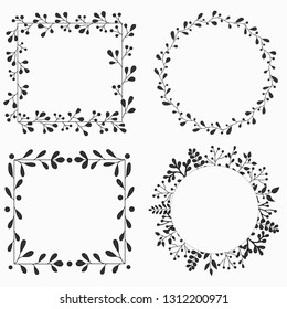 Hand drawn set of floral vector black wreath.  Round and square frames. Illustration for greeting card, wedding invitation, logo, poster, tag, label.