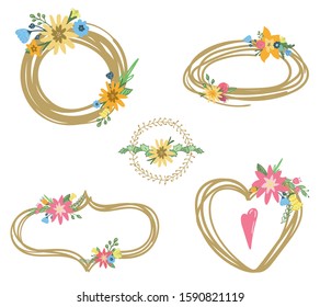 Hand drawn set of floral wreaths with bouquets of flowers, leaves and branches isolated on a white background. Use it in greeting cards and wedding invitation. Vector illustration.