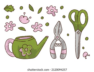 Hand drawn set for florist shop of watering can, scissors, secateurs in color isolated on white background, concept for sticker, card. Floristry handicraft on white. Hand drawn vector illustration