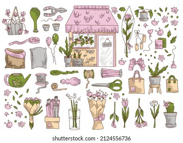 Hand drawn set for florist shop, flower, bouquet, scissors, wrapping, bag, pot isolated on white background, concept for sticker, card. Floristry handicraft on white. Hand drawn vector illustration