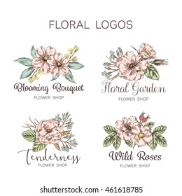 Hand drawn set of flower and garden logo template. Floral label, symbol, badge, tag. Elegant flower logo design. Vector illustration.