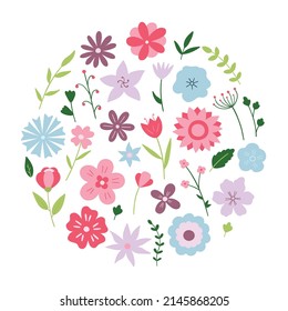 Montaje de flores y ramas dibujado a mano. Elementos florales e herbales al estilo de las caricaturas. Ilustración vectorial aislada en fondo blanco.